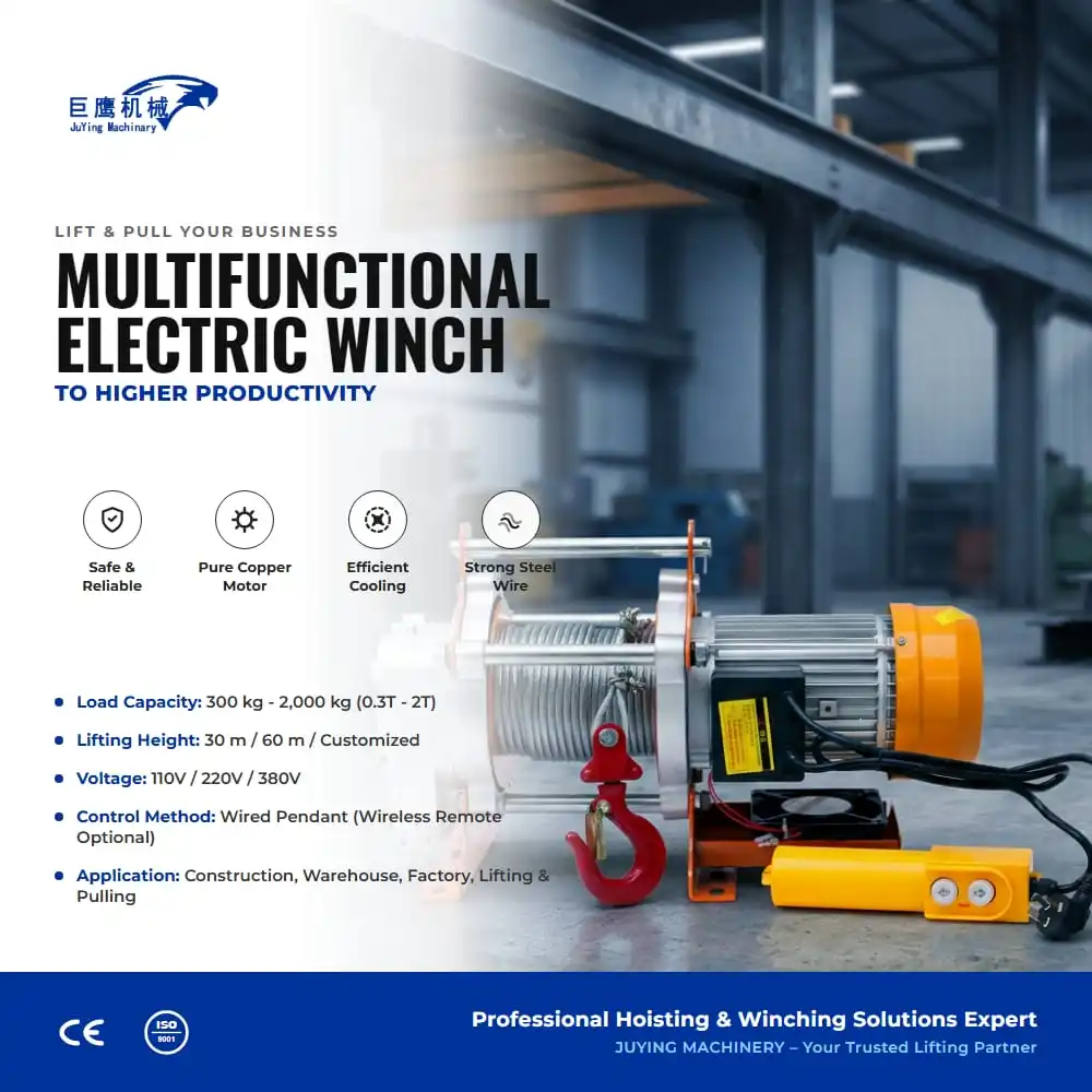 New Waterproof Overload Protection Aluminum Wire Rope Electric Hoist 1 Ton CE Certified 1 Year Warranty for Warehouse Storage
