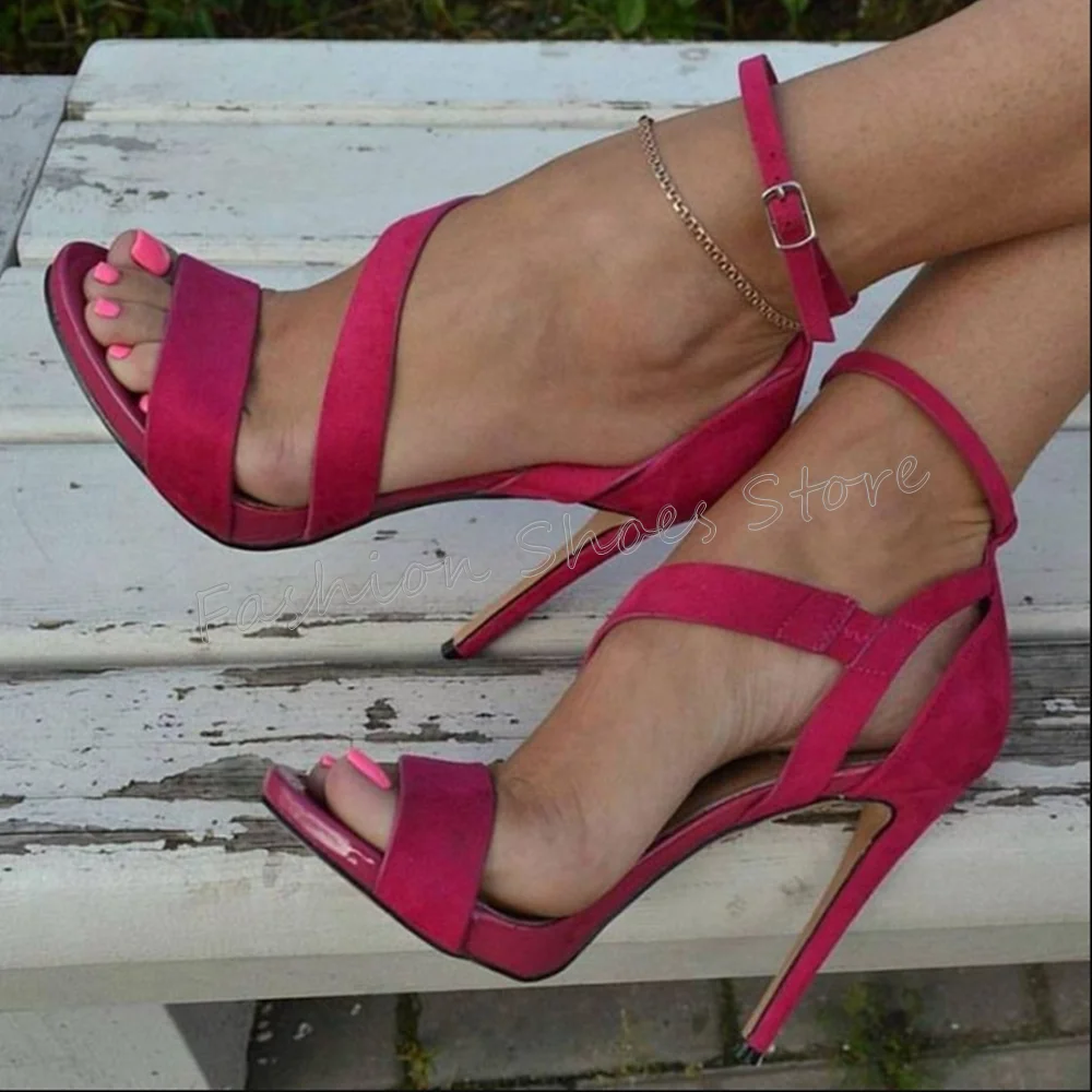 

Rose Red Ankle Buckle Sandals Open Toe Stilettos High Heels High Heel Shoes for Women Fashion Heels 2025 New Zapatos Para Mujere