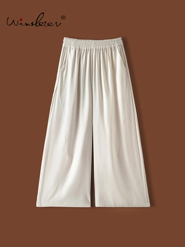 Winsleter-52%Silk 48%Cotton Elegant Corduroy Trousers, Elastic Waist Solid, Women Commute Wide-leg Pants, 2026 Autumn B68836CC