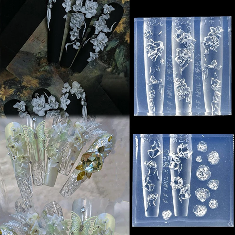 Stampo per intaglio delle unghie con fiocco in silicone 3D, farfalla, rosa, design floreale, modello trasparente, strumento per manicure per decorazione unghie fai da te