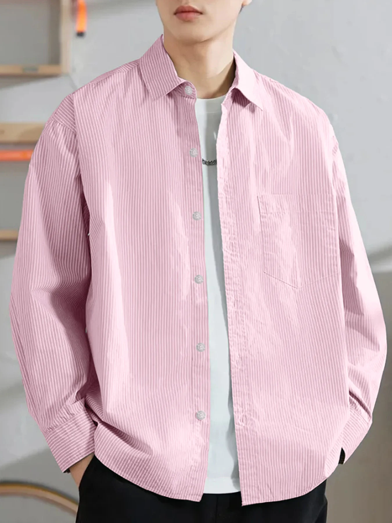 

Hong Kong-style long-sleeve shirt, trendy men's thin spring and autumn striped casual shirt
