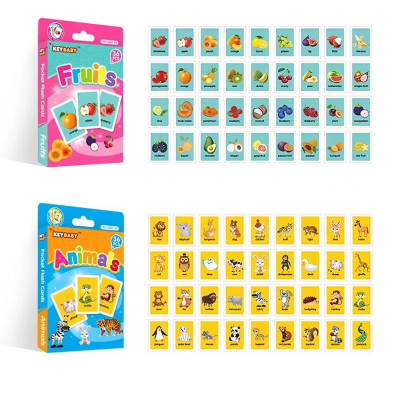 36pcs Children Cognition Cards Animal Color Fruits Double Side Flashcards Montessori Baby Kids Early Educational Toys Gifts