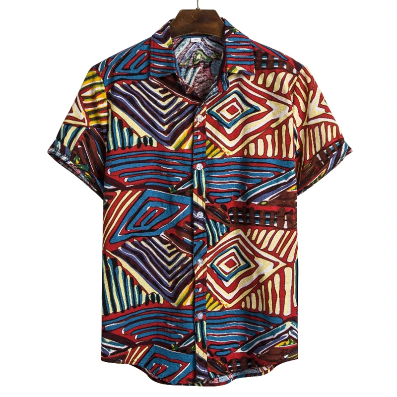 

Retro Geometric Patterns Shirts For Men Fashion Trendy 3D Printed Lapel Button Hawaiian Shirt Vintage Loose Breathable Blouse
