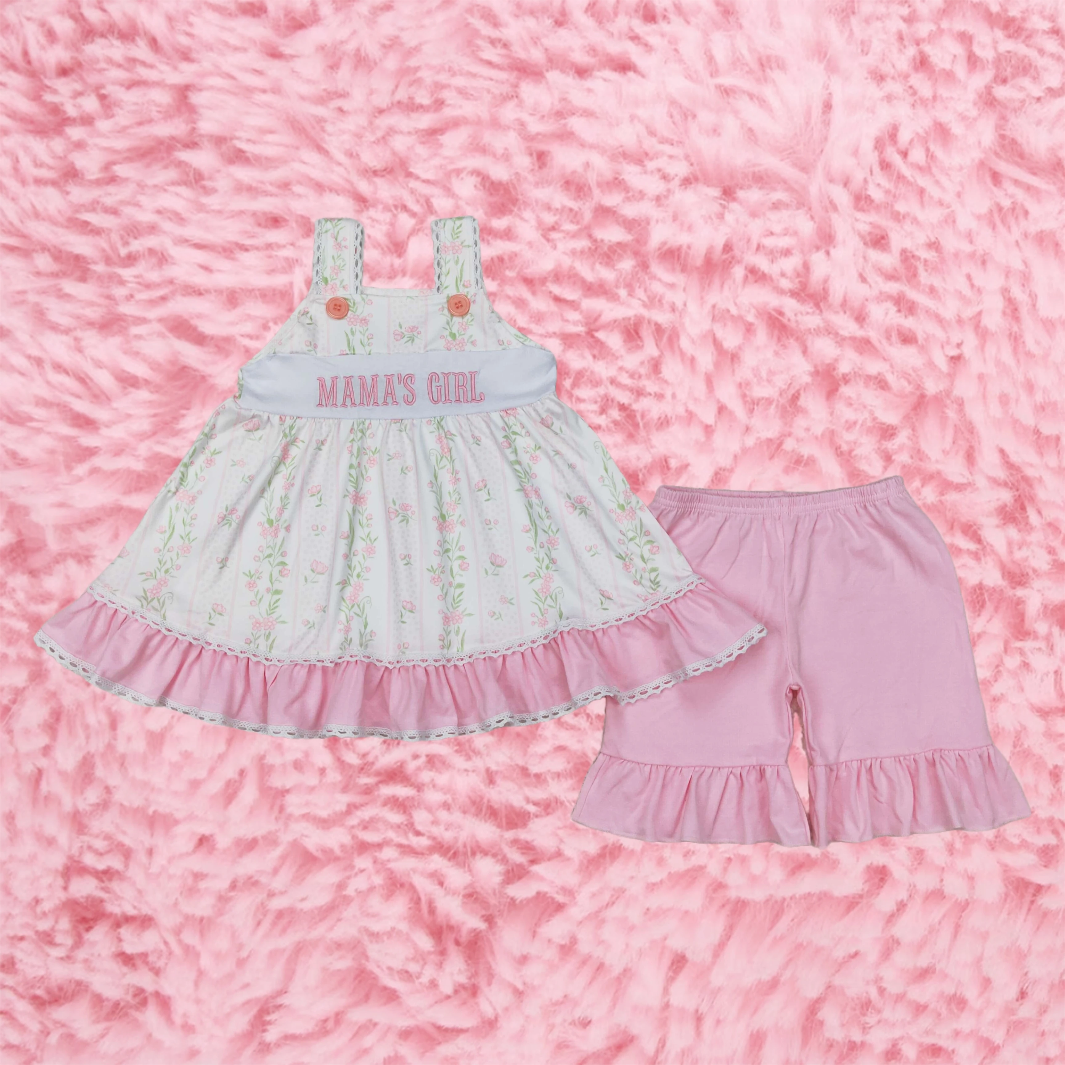

Wholesale Baby Embroidery Set Toddler Sleeveless Straps Flower Mama's Girl Tunic Ruffle Cotton Shorts Children Kids Outfit