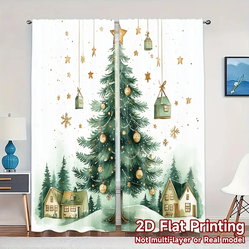 2pcs,Curtains Christmas Tree Village Holiday Scene Pattern Popular Curtains Versatile 100% Polyester Curtains Festive Use for