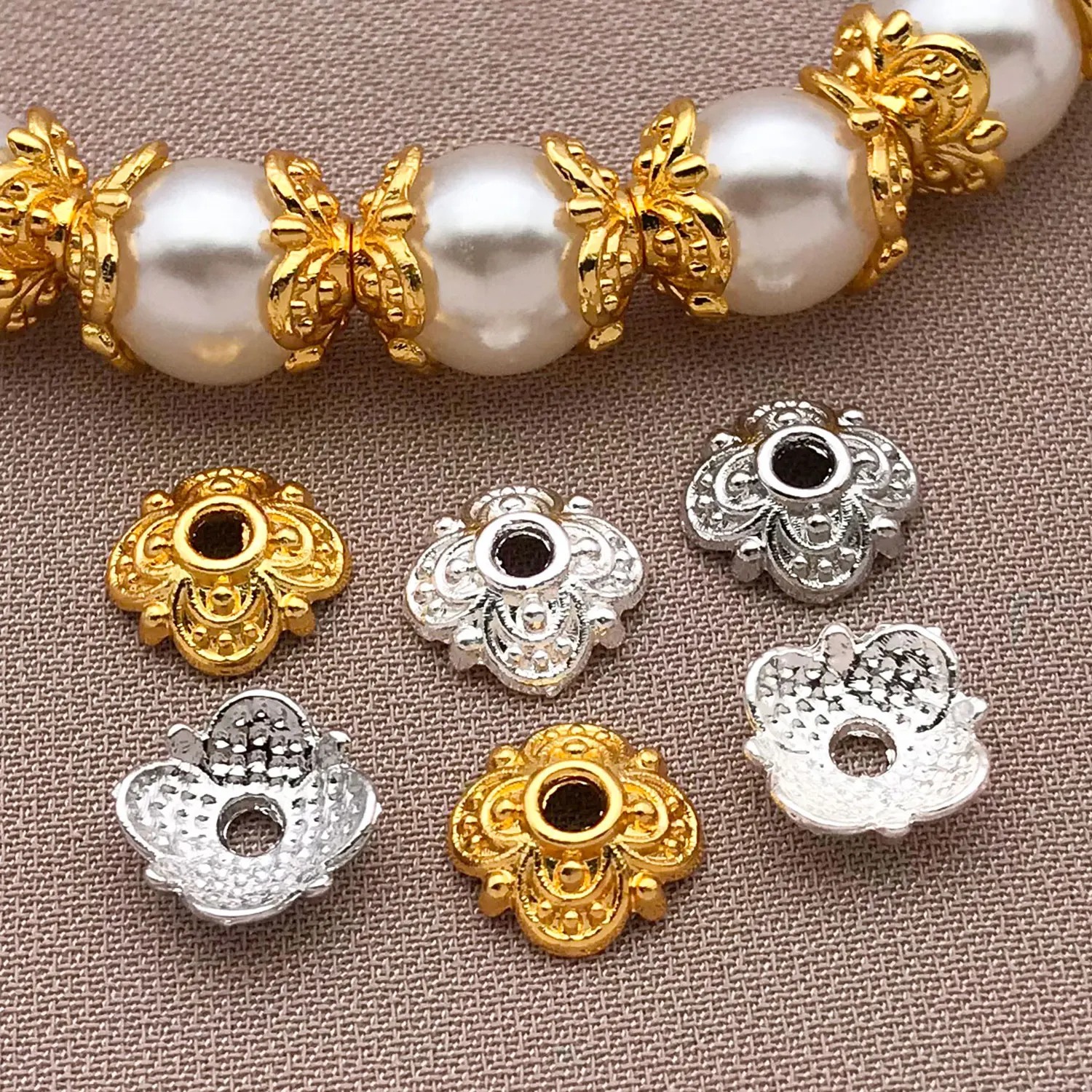 Mixed 10/15pcs 18K Copper Plated True Golden Thick Silvery White Golden Clover Flower Hat, DIY Jewelry Making Accessories