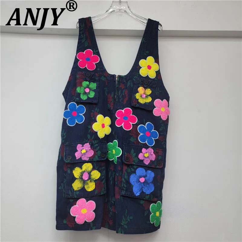 

ANJY Summer New Women's Chic Streetwear Personality Denim Overalls Safari Style Multi-pocket Printed Jumpsuit Jeans Shorts A7966