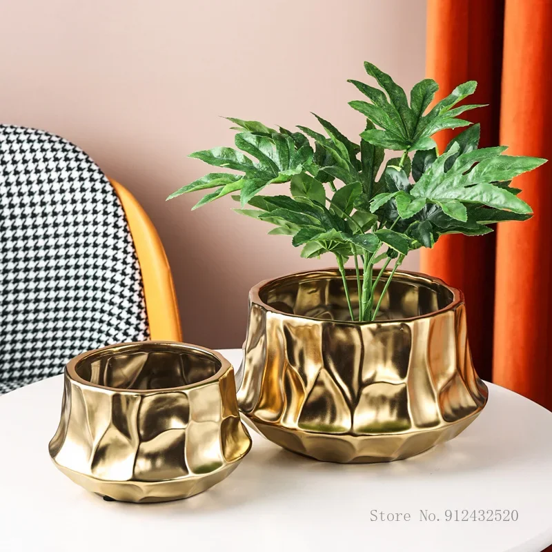 Nordic Ceramic Flower Pot, Modern Creative Light Luxury, Golden, Home Living Room, Bedroom, Shop, Office Decoration, 1Pc