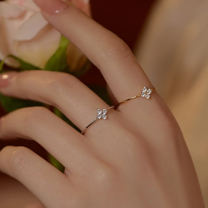 925 التايلاندية الفضة مطعمة أربع أوراق البرسيم زركونيا زهرة خاتم للنساء بسيط أنيق حسن الحظ الذكرى مجوهرات هدية #6