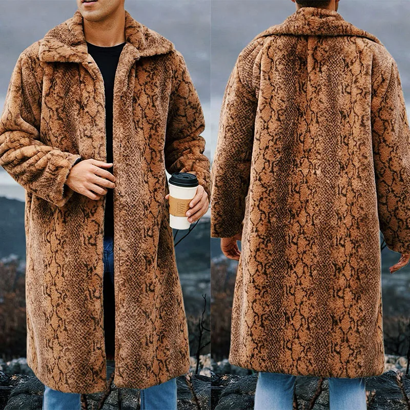 Men Faux Fur Coats Leopard Fur Jackets Mid Length Long Sleeve Turn Down Collar Open Stitch Thick Loose Casual  Autumn Winter