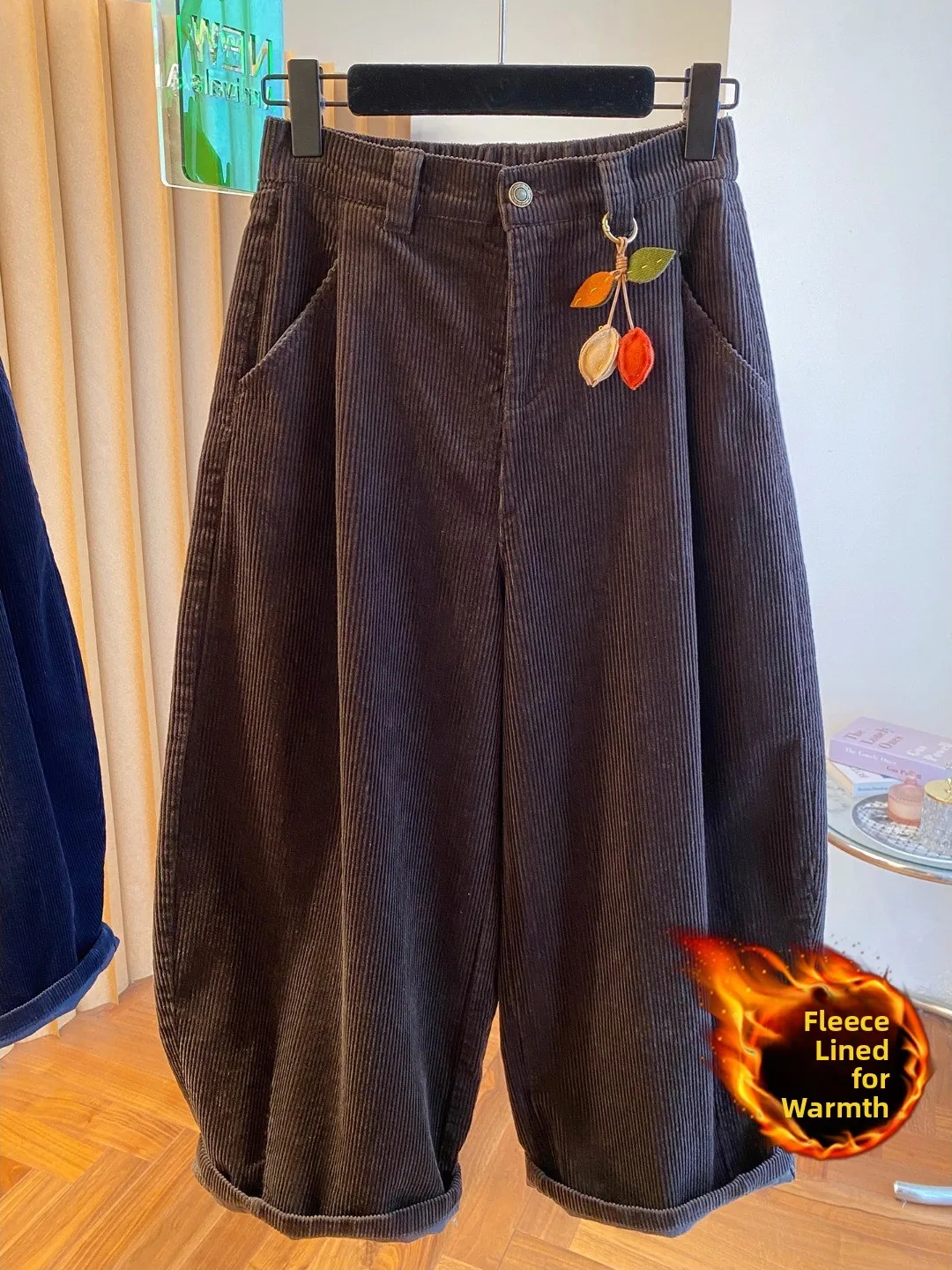 Retro Fce gefütterte Thi Cord Freizeithose Große Größe Damen Winter Lose Weites Bein Harlan andma Hose