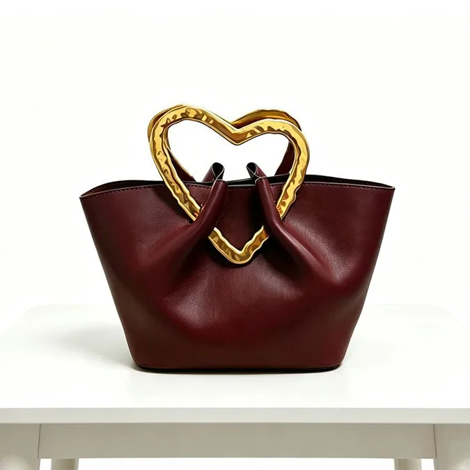 

Burgundy soft leather exquisite tote bag retro pleated wavy pattern gold love handle gentle dinner bag