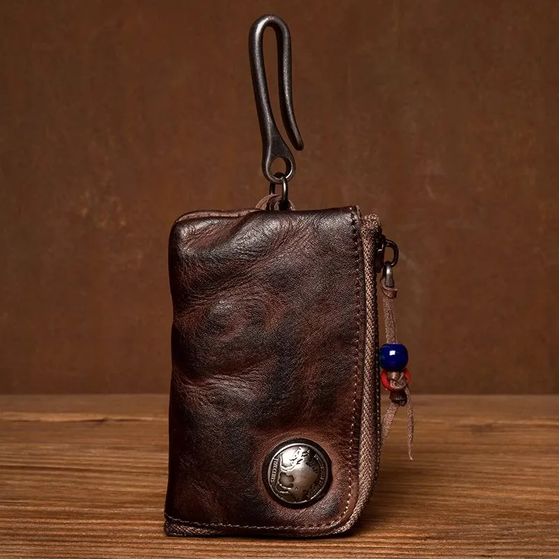 Genuine Vegetable-Tanned First Layer Cowhide Key Case for Men, Hand-Distressed Car Key Pouch for Women, Genuine Leather Coin