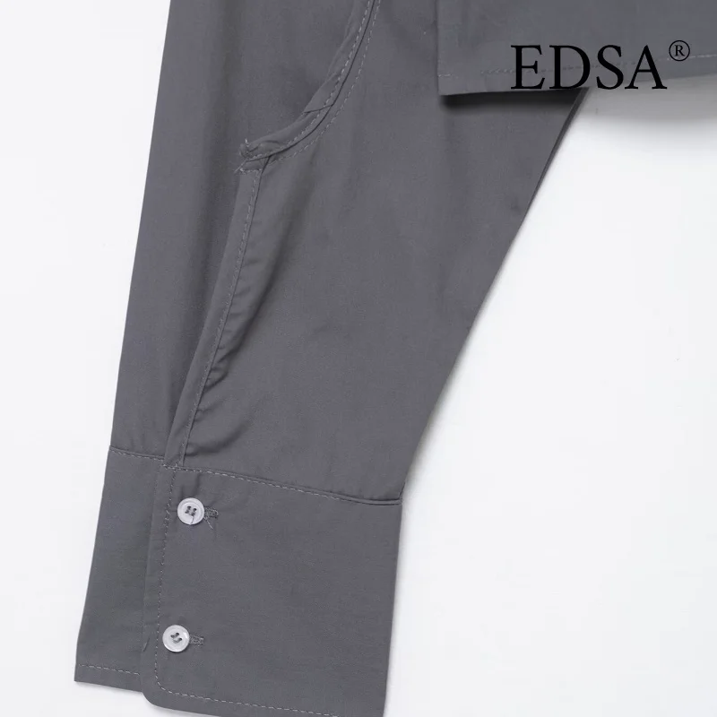 قميص نسائي قصير من EDSA بأكمام طويلة لربيع وصيف بلون سادة