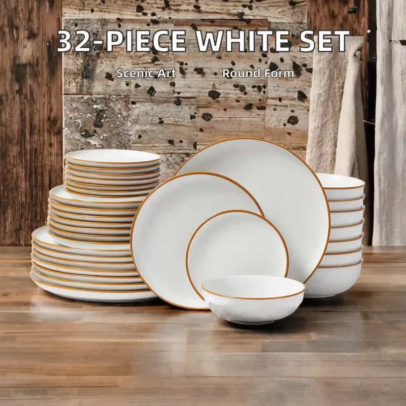 32-Piece White Ceramic Scenic Pattern Dinnerware Set Gold Rim 4 Servings Includes Plates Bowls Durable Everyday Use Portable