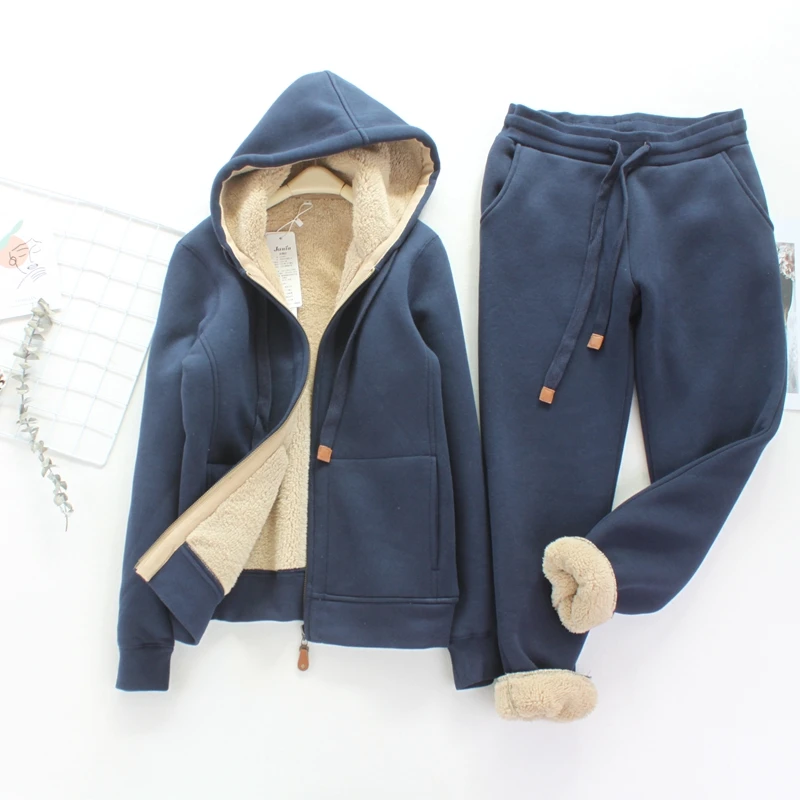 Sporty Casual Suit Winter Artificial Lamb Wool Plus Velvet Thickened Simple Thin Sleeved Hooded Short Coat Sweatpants New