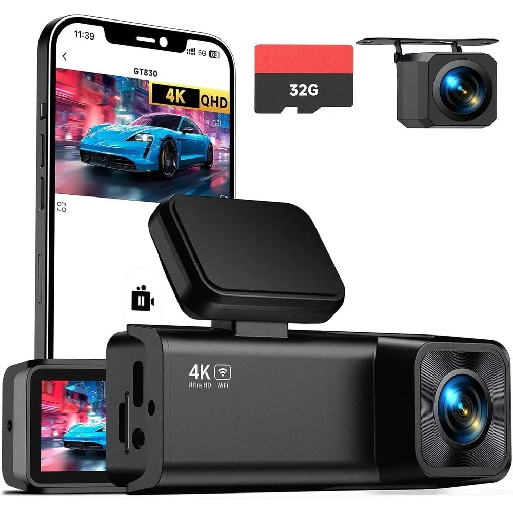 

Двухканальный видеорегистратор: 4K спереди и 1080P сзади, ночное видение, экран IPS 1.97 дюйма, G-сенсор, мониторинг парковки, карта памяти 32 ГБ