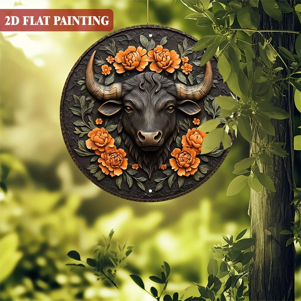 2D Flat, 1pc, 8 x 8 inch, Cow among flowers, Round Vintage Metal Aluminum Wall Decor, Classic Style, Easy Installation, Multi-Pu