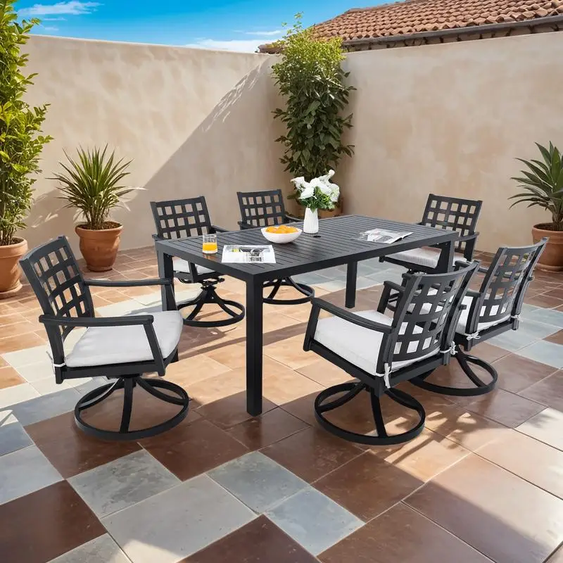 طقم طعام فناء كلاسيكي حديث مكون من 7 قطع مع طاولة مستطيلة و6 كراسي صخرية دوارة، ألومنيوم مصبوب خالٍ من الصدأ، جمرة مزخرفة #2