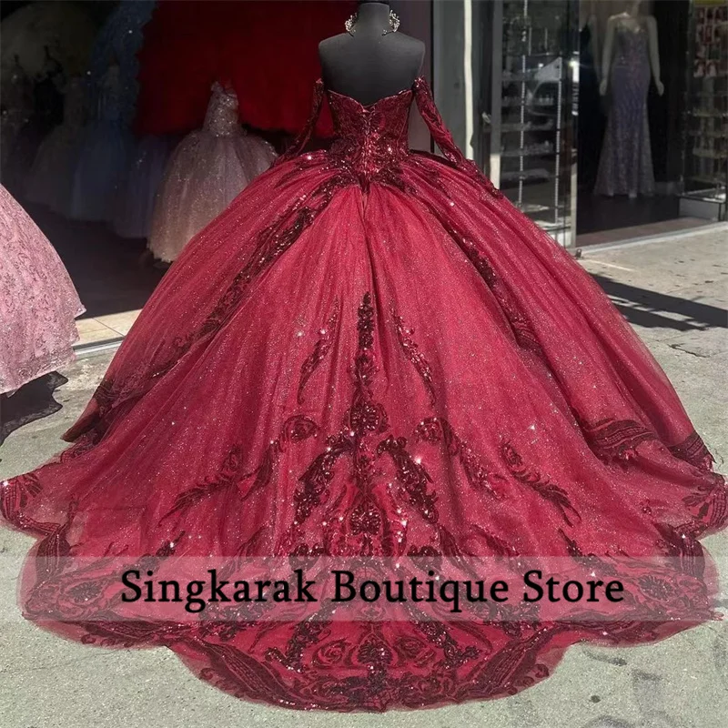 Glitter Princess Burgundy Quinceanera With Detachable Bell Sleeves Sweet 16 Dress Sequins Appliques Beads Vestidos Ball Gown