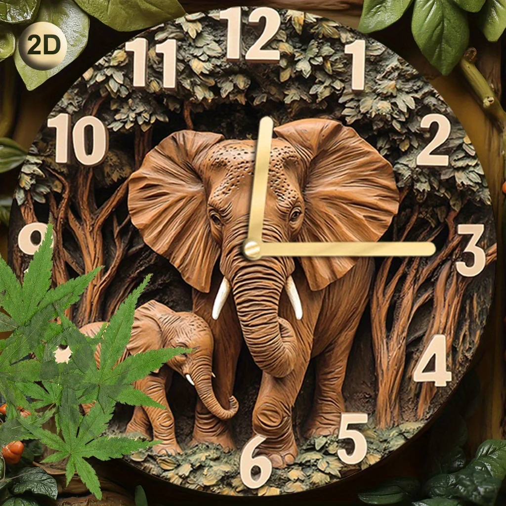 1pc Aluminum Silent Movement Round Wall Clock, Elephants on The Savannah at Sunset Design, Battery Operated