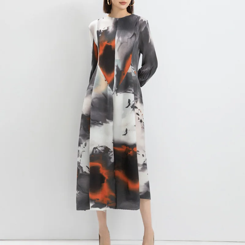 Miyake Dress for Women Autumn 2024 Fashionable Temperament Printed Lantern Sleeves Loose Semi High Neck Long Dress Versatile