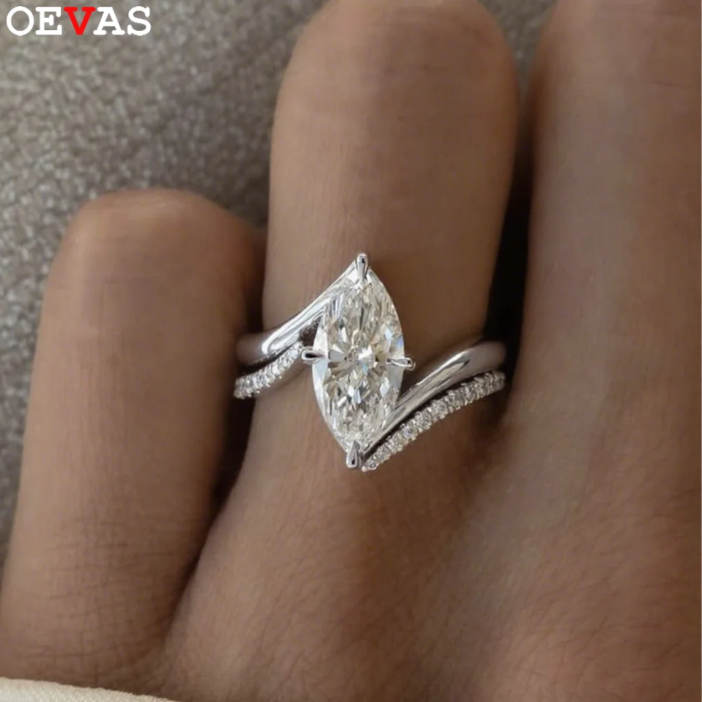 

OEVAS 3CT Marquise Cut Moissanite Two Rings with GRA 100% S925 Silver Double row Ring for Women Wedding Party Fine Jewelry