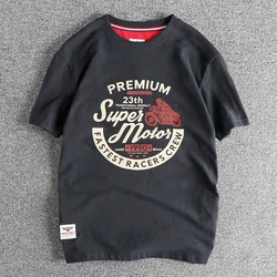 2024 Summer New American Retro Short Sleeve O-neck Motorcyce Printed T-shirt Men's Simple 100% Cotton Washed Casual Youth Tops