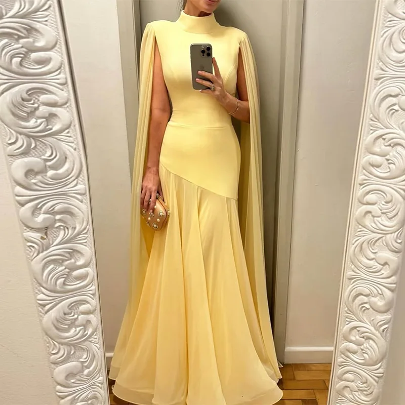 

Yellow Cape Wrap Prom Dress Sexy Sleeveless Lace Up Back Sheath Party Bridal Gown Autumn Fall Formal Wedding Birthday Robe