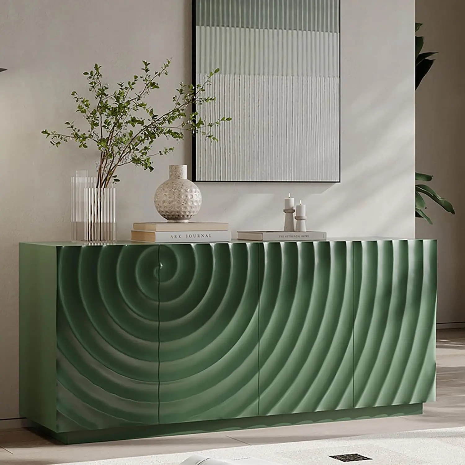 59“ Modern Buffet Cabinet with Storage, Water-Ripple Sideboard Buffet Cabinet with 4 Doors and Shelves, Wooden Buffet, Custom