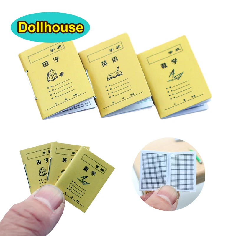 3Pcs 1:12 Dollhouse Miniature Exercise Book Mini Chinese Math English Practise Books Paper Notebook Model Life Scenes Decor Gift