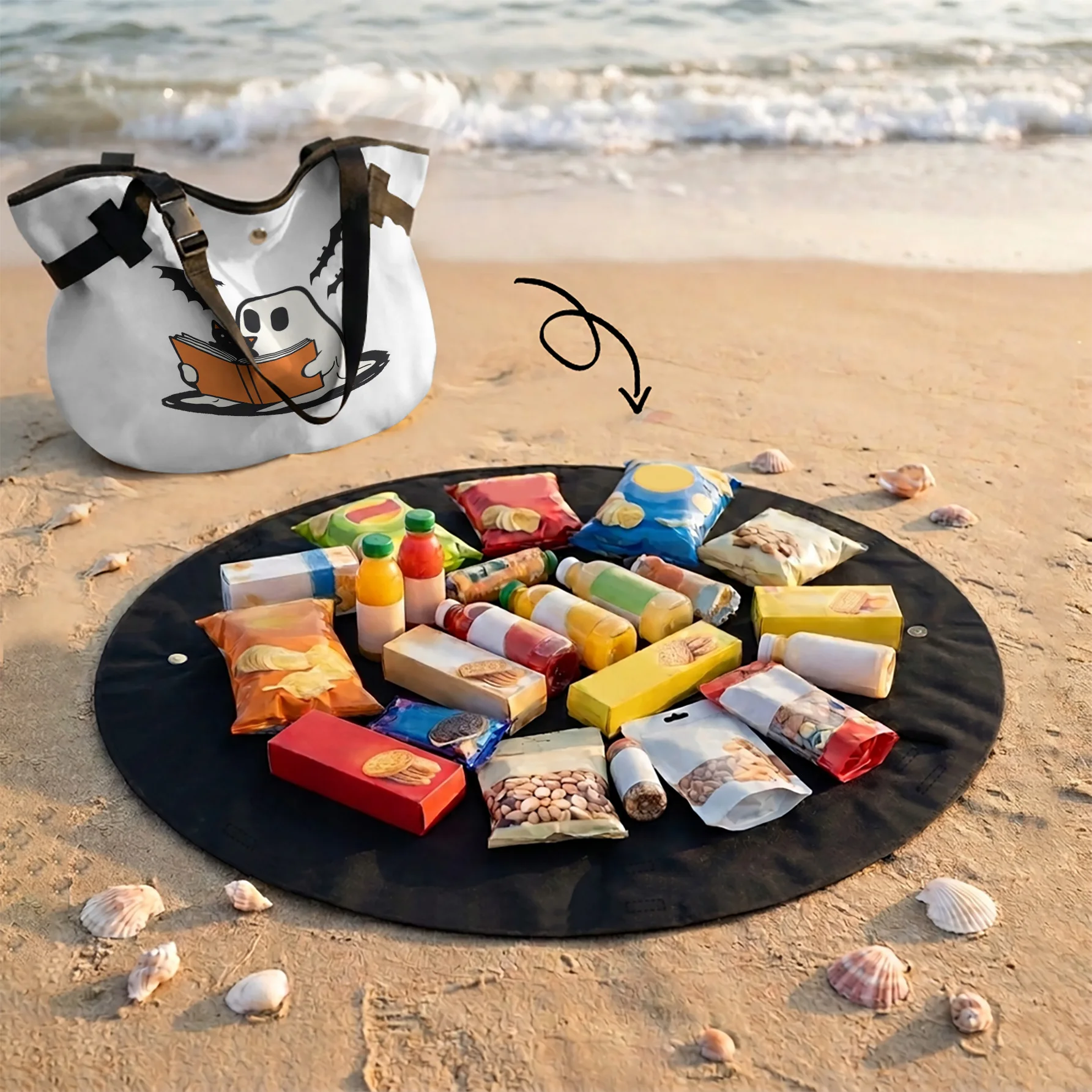 Ghost Reading Book With Black Cat Print 2 In 1 Tote Bag & Picnic Mat, Waterproof Foldable Mat For Camping Beach Travel