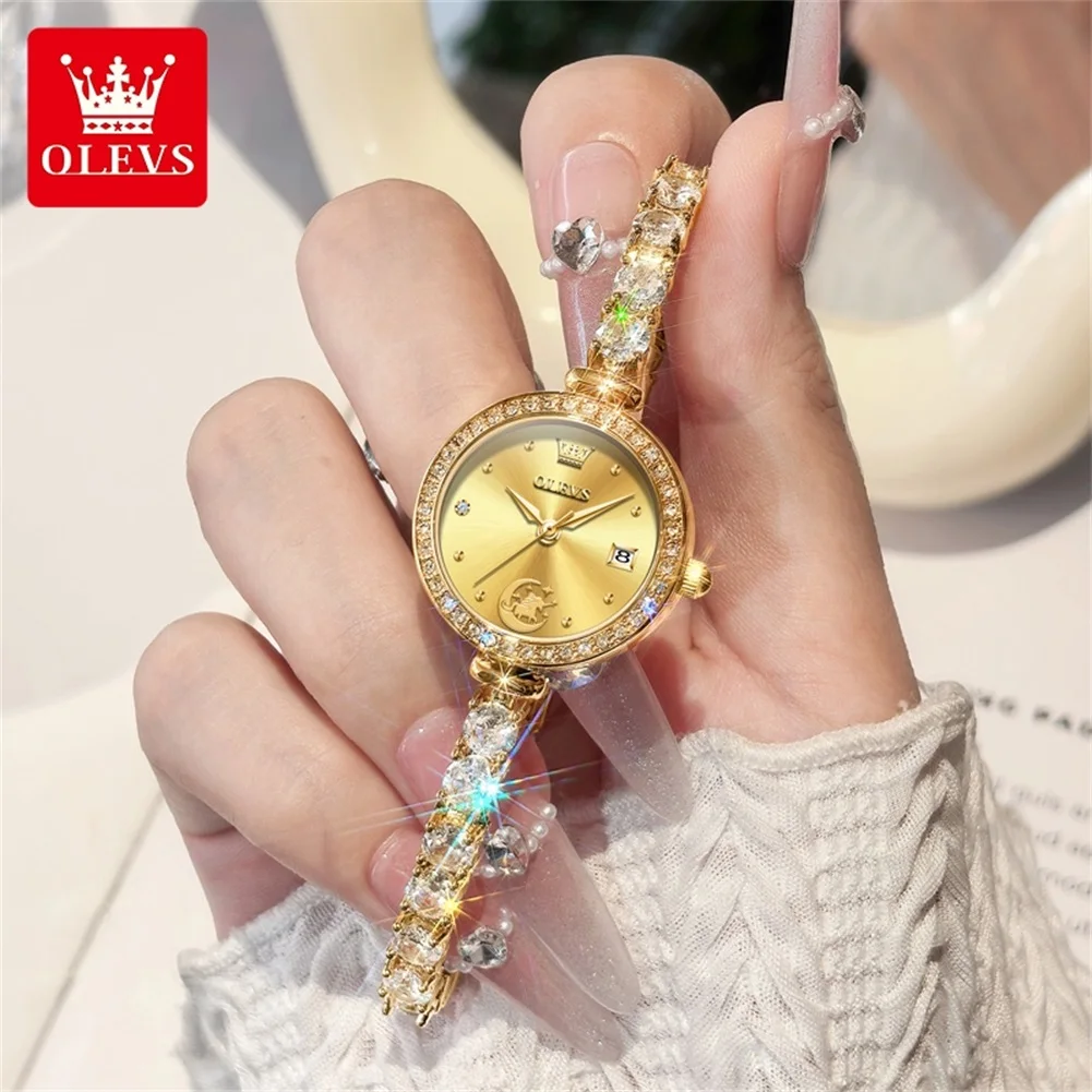 OLEVS NEW Full Diamond Quartz Watch for Women Luxury Elegant Fashion Bracelet Wristwatch Waterproof Auto Date Ladies Dress Watch