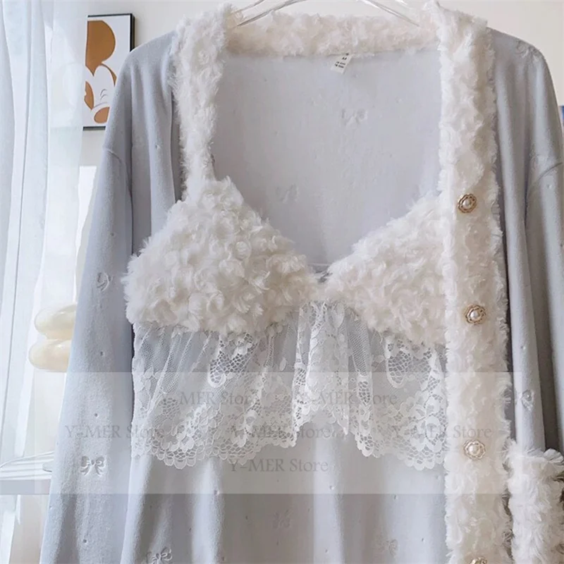 

Princess Style Island Fleece Pajamas Suit Soft Loungewear 3Pcs Plush Patchwork Outfit 3Pcs Female Winter Outwear Sleep Set