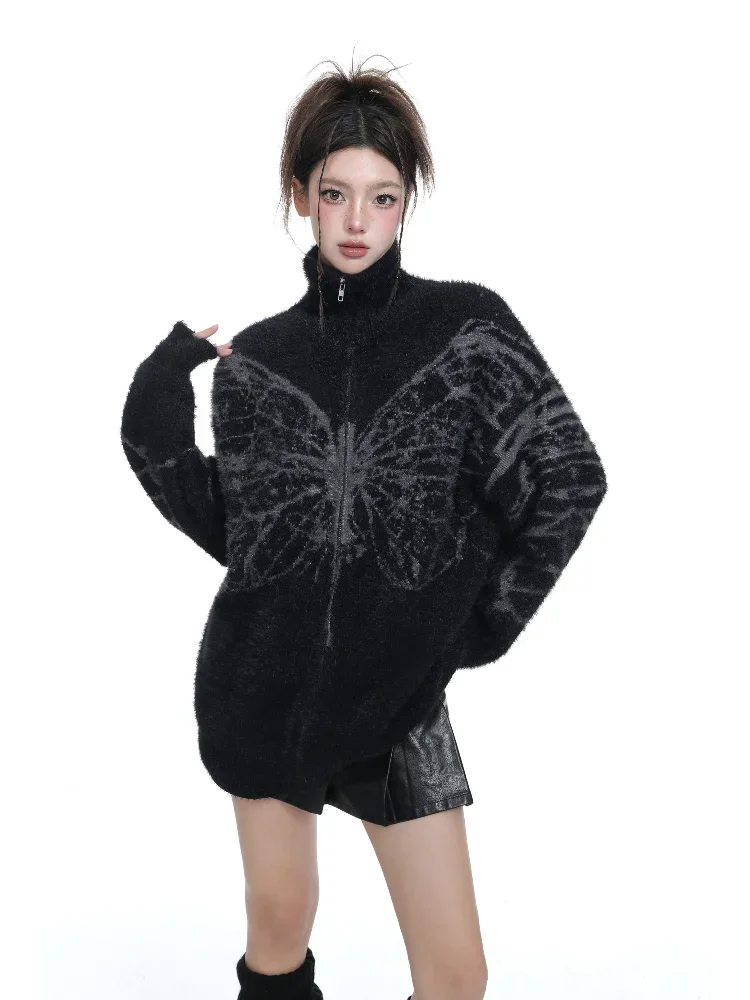 Sweater jacket women's American fleece thermal jumper black butterfly embroidered turtleneck autumn winter knitted cardigan top