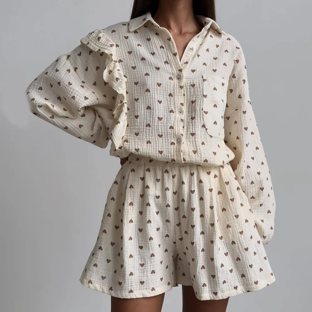 Casual Home Suits Fashion Shirt And Short Set Long Sleeve Shirt Love Heart Pattern Slight Stretch For Lounging
