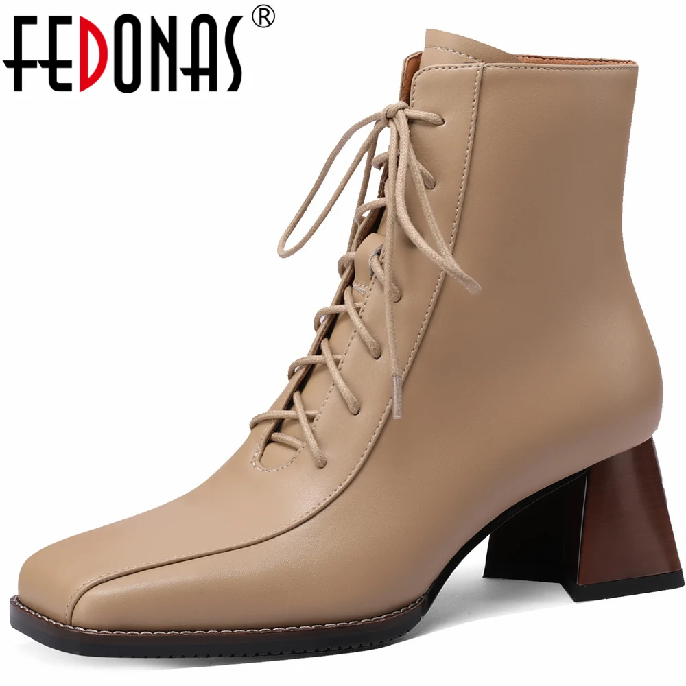 

FEDONAS Mature Women Ankle Boots Cross-Tied Genuine Leather Office Lady Shoes Woman Side Zipper Thick High Heels Autumn Winter