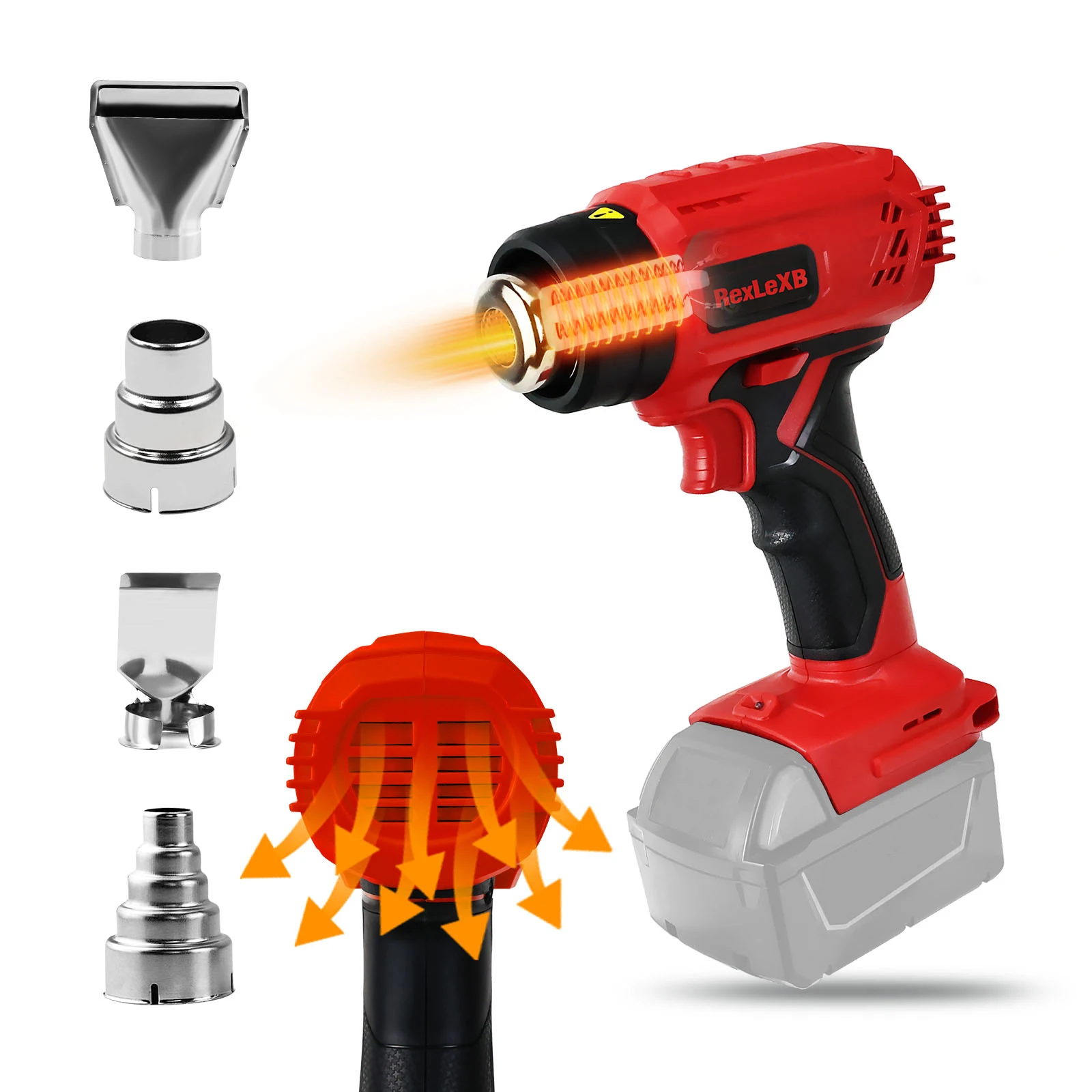 Pistola de ar quente sem fio com 4 bicos, 400W, envoltório encolhível, proteção contra sobrecarga, bateria Li-ion 18V, sem bateria