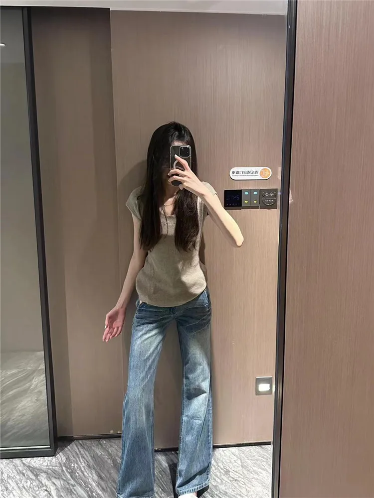 American Retro Low Waist Bell Bottom Jeans Women's Slimming Long Draping Pants Summer Fashion High Waist Extended Length