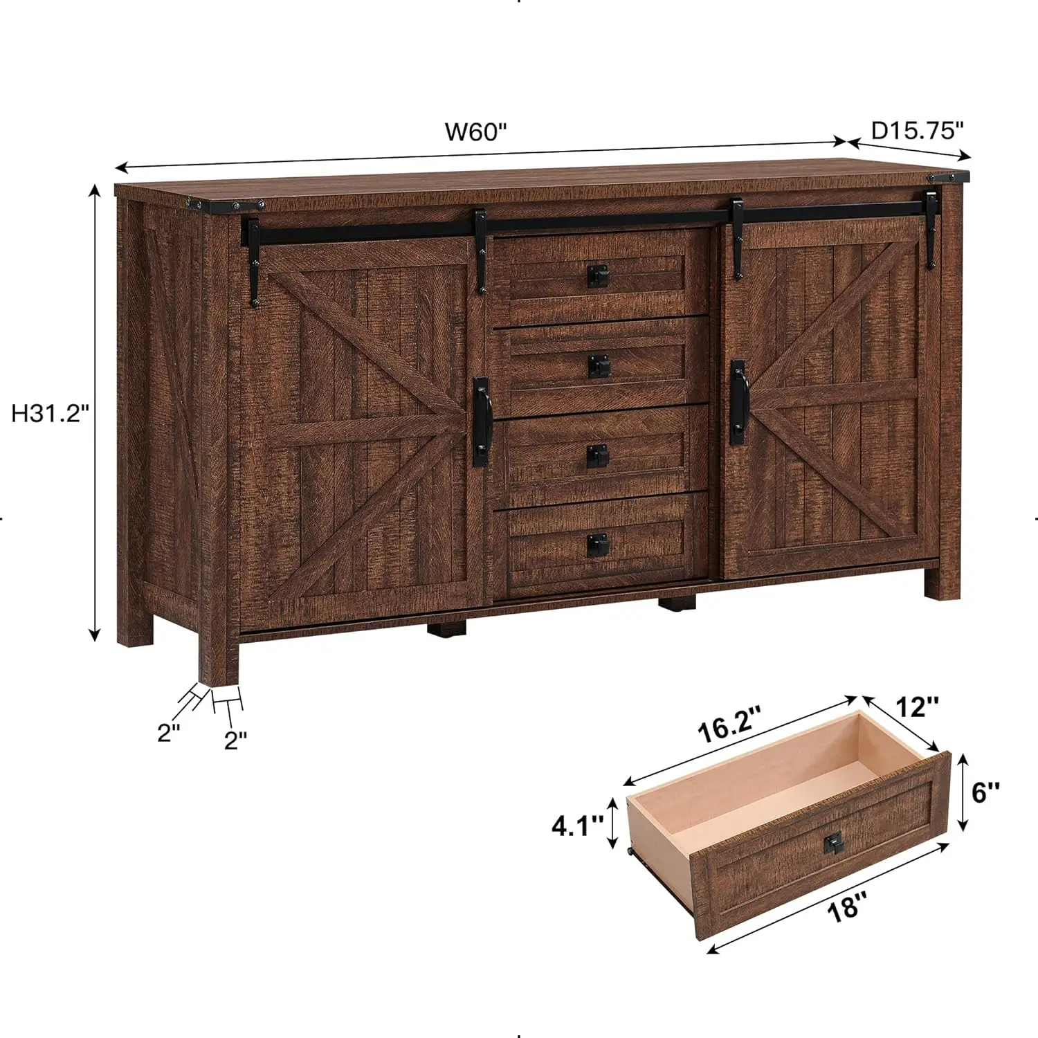 T4TREAM 60'' Farmhouse Dresser Chests for Bedroom w/4 Drawers & Sliding Barn Doors, Tall Chest of Drawers, Rustic Dresser TV Sta