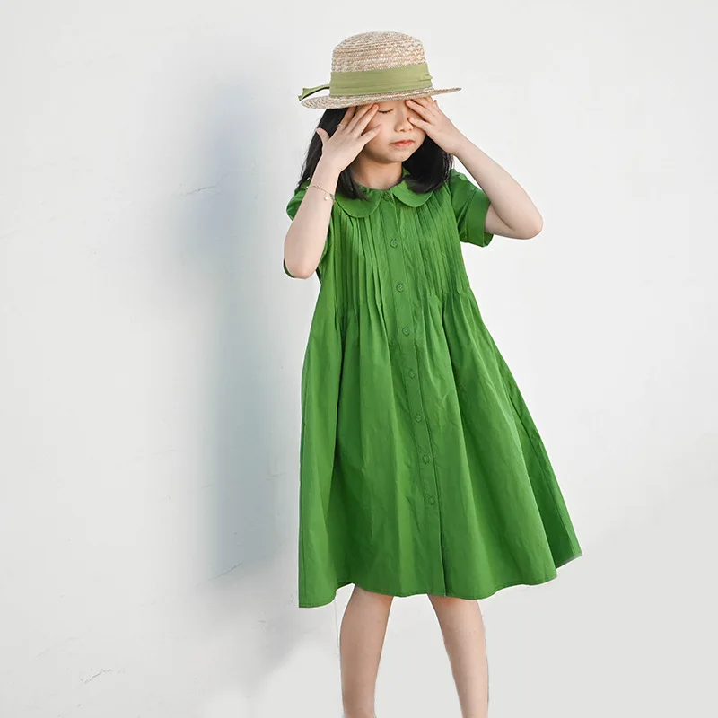 Green Pleated Dress for Summer New Doll Neck Knee Length Girls A-line Dress