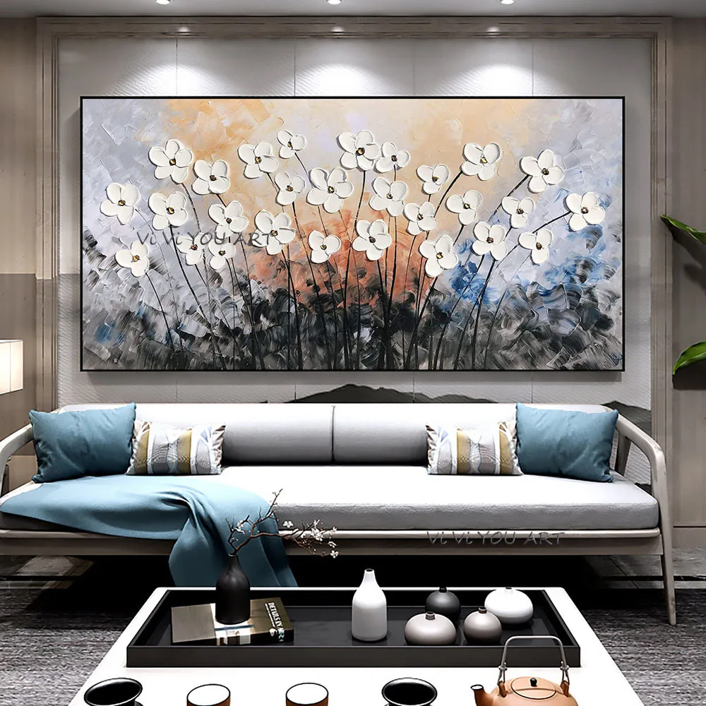 

Large Floral Paintings Canvas Wall Art Living Room Decor Contemporary Grey Artwork Original Textured White Cherry Impasto