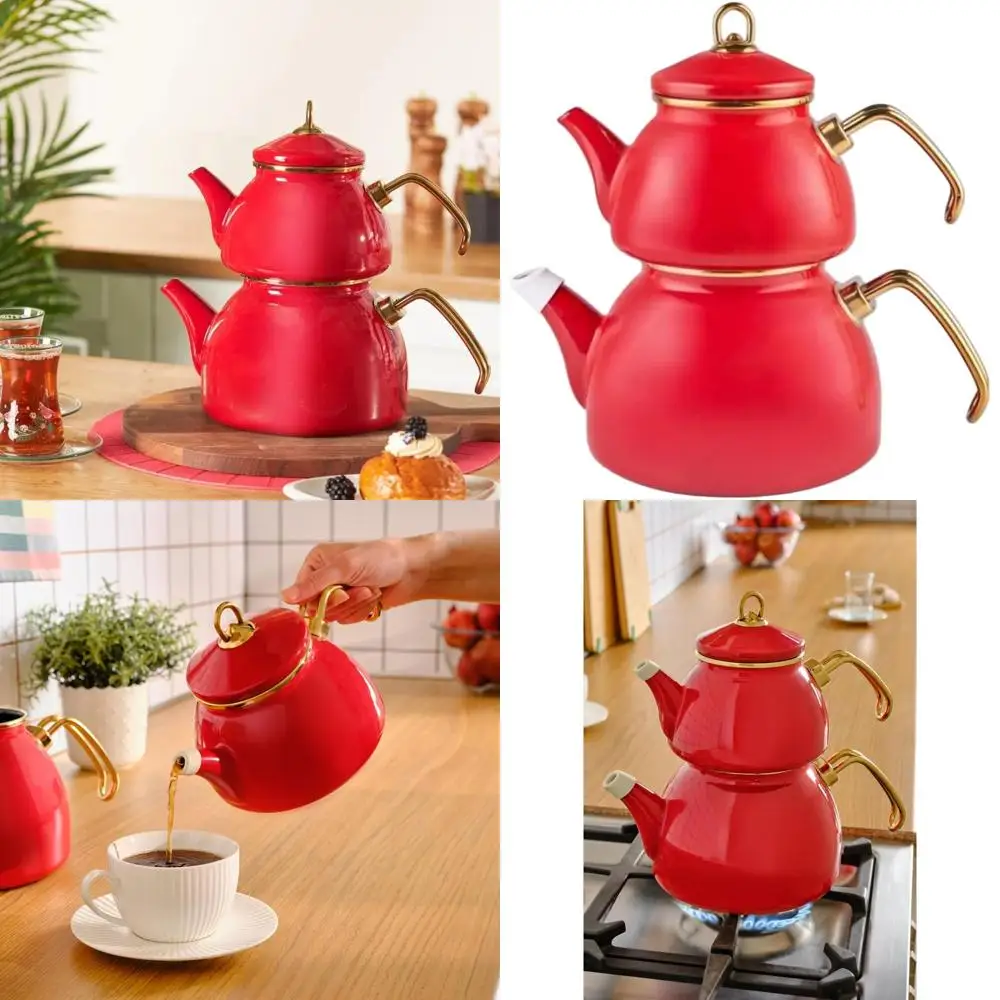 

Elegant 1.1L Traditional Turkish Teapot and 2.3L Kettle Set, Dishwasher Safe, Induction Compatible, Durable Enamel, Samovar-Insp