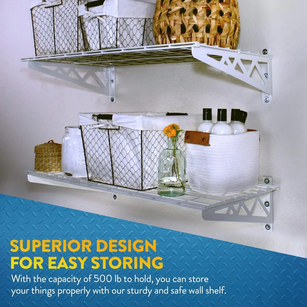 Garage Wall Shelf Two-Pack White or Hammertone | Three Size Options | Includes Bike Hooks | 500lb Weight Capacity