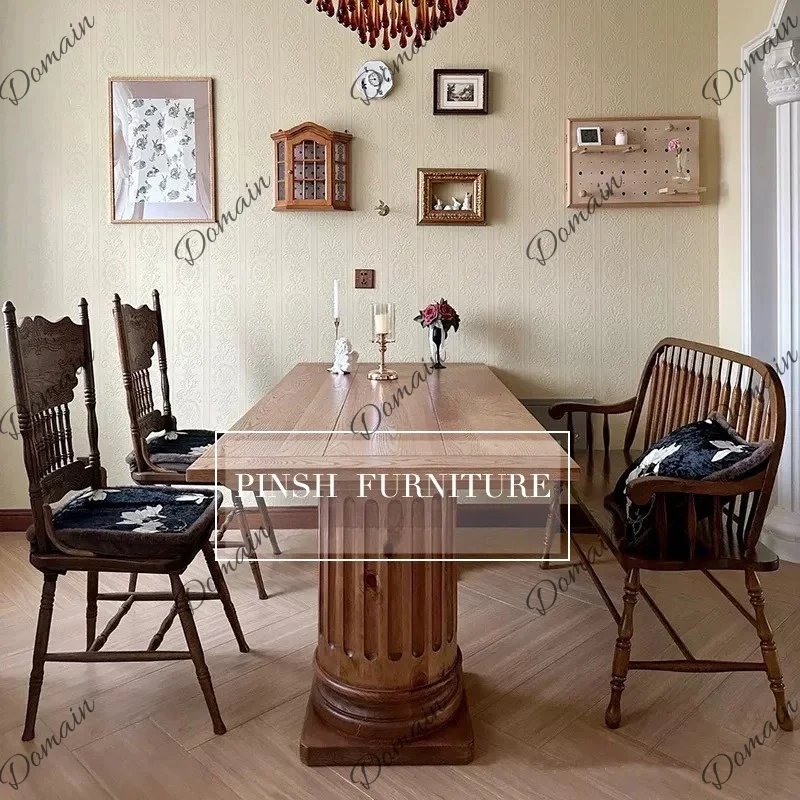 American Country Solid Wood Dining Table Villa Restaurant Rectangle Coffee Table French Roman Column Desk Conference Table