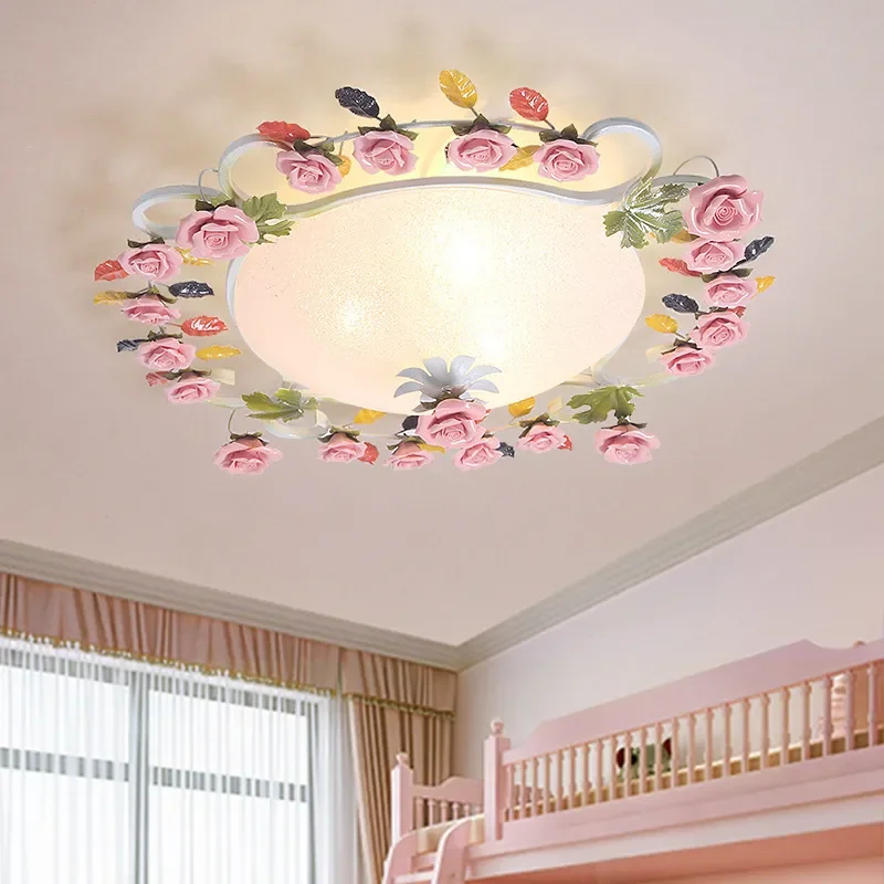 Pastoral Wrought Iron Flower Grass Ceiling Lamp Glass Shade Princess Bedroom Light for Girls Room Decor Vintage Style Fixture