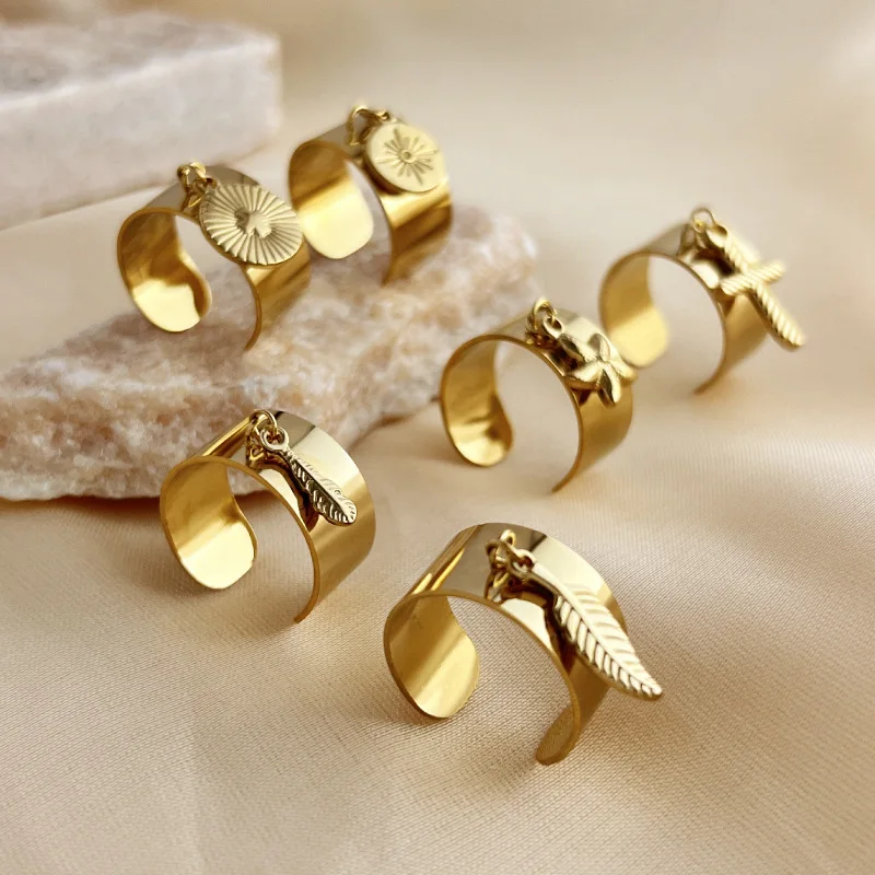 Neue Punk Gold Farbe Edelstahl Geometrische Ringe Für Frauen Unisex Feder Seestern Kreuz Anhänger Breiten Ring Partei Schmuck – Detail 2