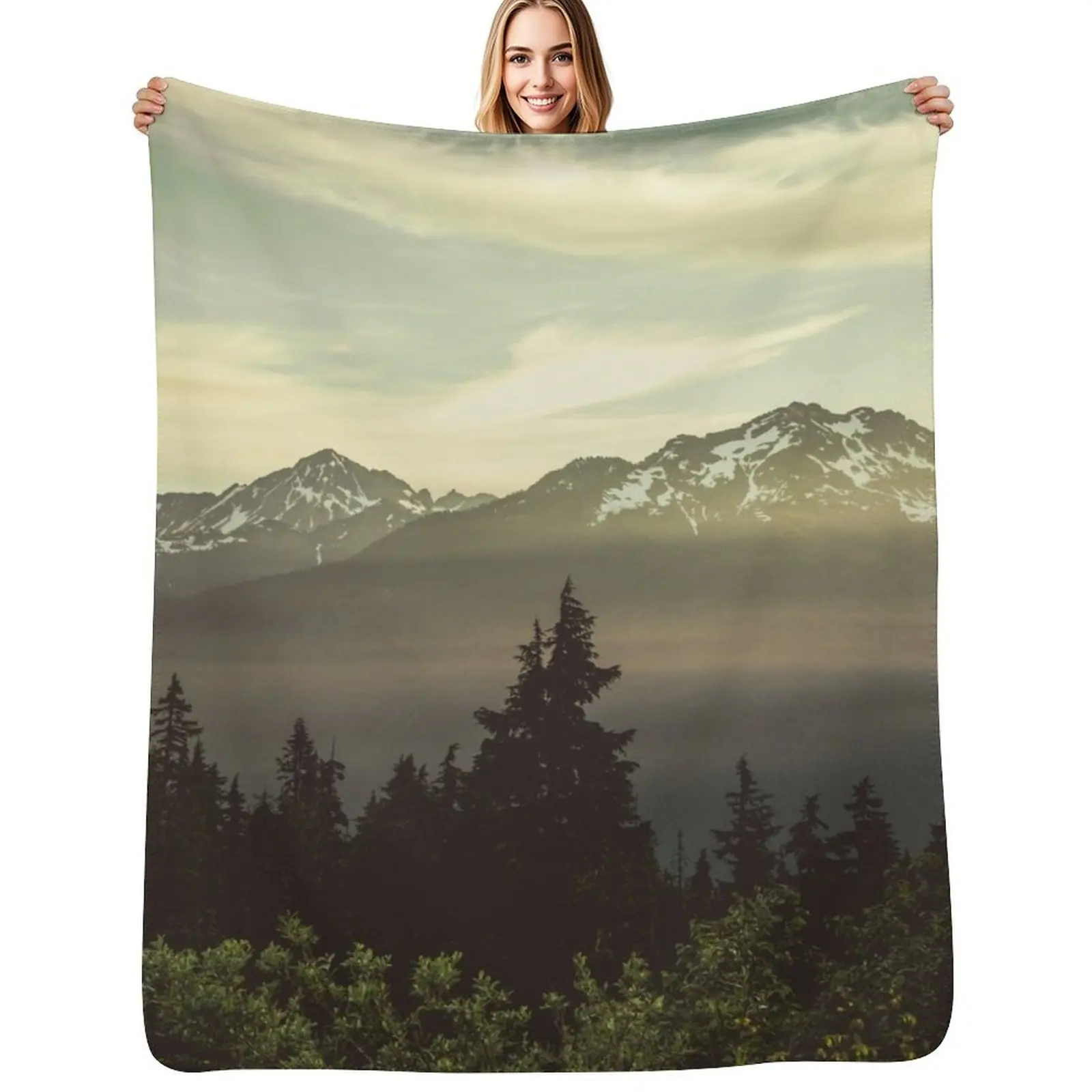 Pacific Northwest Sunrise - Northern Cascade Mountain Forest Throw Blanket Plaid on the sofa Baby Beach Large Blankets