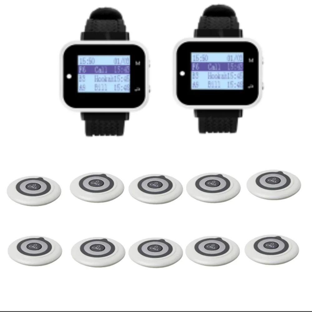 Waterproof Wireless Calling System Set 2 Watch Receivers + 10 Call Buttons Pager for Restaurant Cafe Hotel Hookah