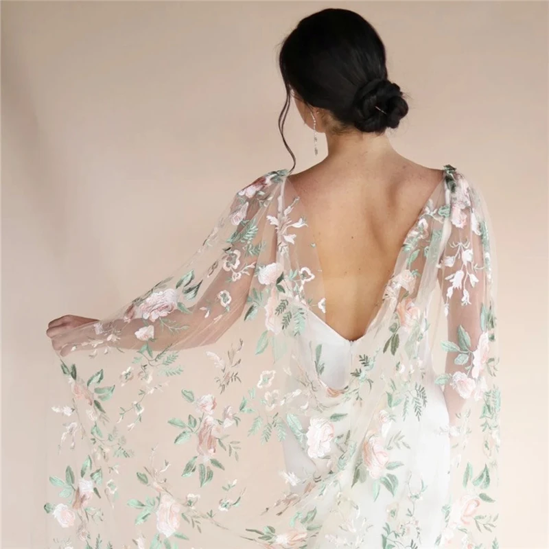 Colorful Floral Wedding Cape Veils Bridal Shoulder Draped Accessories For Brides Flowers Green Pink Long Cathedral Forest Tulle